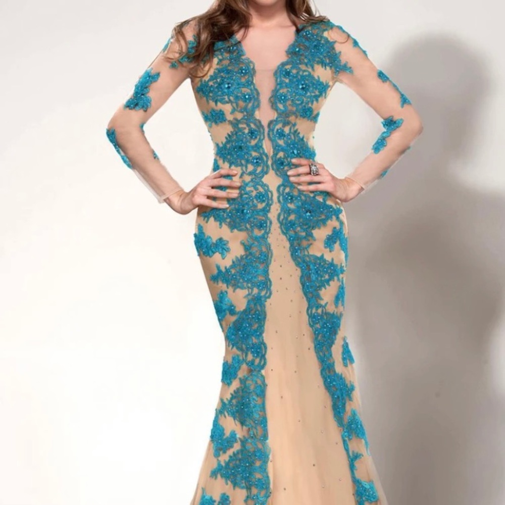 M&M Couture Sheer lace with Blue embroidery dress #9582. In size 4